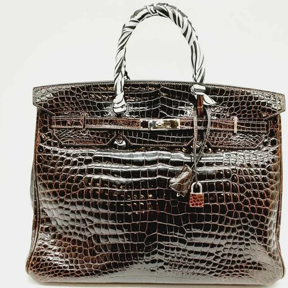 Hermes Birkin 40cm Brown Crocodile, Leather Palladium Hardware